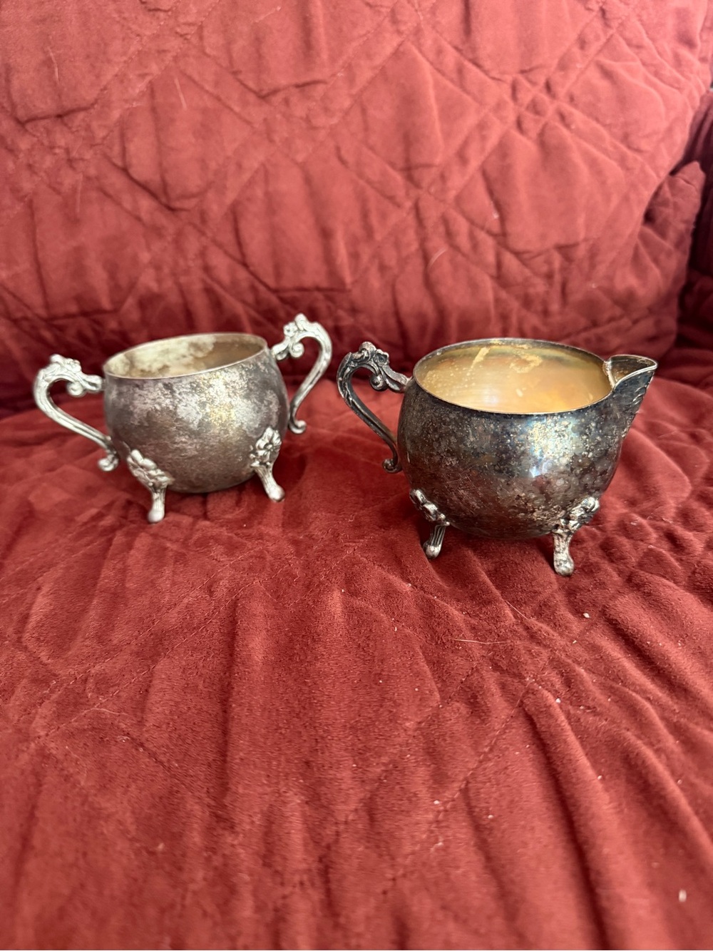 Vintage Silver-Tone Creamer and Sugar Bowl Set - Tarnished Silver Finish